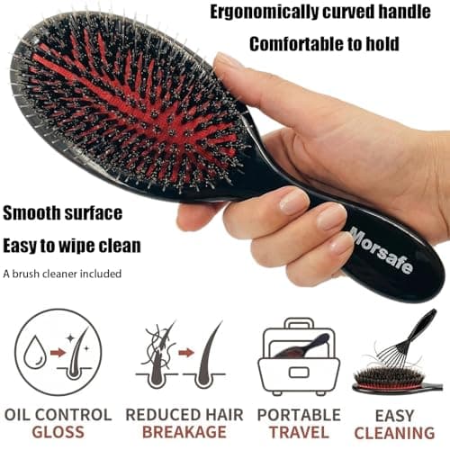 Morsafe Boar Bristle Hair Brush for Women Men Painless Detangling Paddle Brush for Curly Fine Tangled Hair, Anti-frizz Boar Nylon Bristle Cushioned Brush, Includes Cleaning Tool - Thumbnail 5