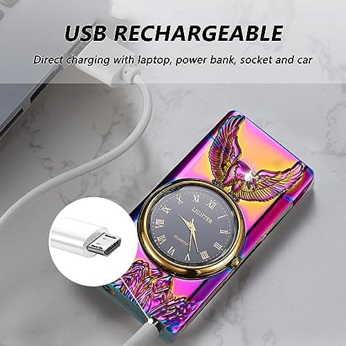 BABOBIU Electric Lighter Cool Windproof Eagle Lighter Flameless Candle Lighters USB Rechargeable Lighters with Cool Clock dial Gift for Men, Boyfriend, Husband (Colorful) - Thumbnail 3