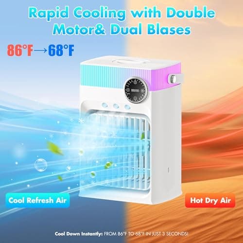 Portable Air Conditioners, Mini Portable AC Unit for Bedroom, 1200ML Small Cooling Fan with Remote, 3 Mist, 3 Speed, 8 Light, 2-8H Timer Personal Cooler Fans for Office Camping Car Desk(Pure White) - Thumbnail 3
