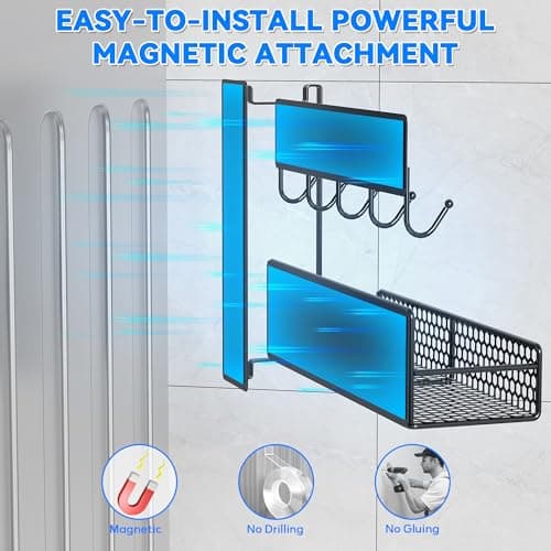 JulktLli 5 Pack Multifunctional Magnetic Shelves for Washing Machine & Refrigerator - Heavy Duty Laundry Room Organization System with Tool Hooks, Metal Storage Baskets (Black) - Thumbnail 5