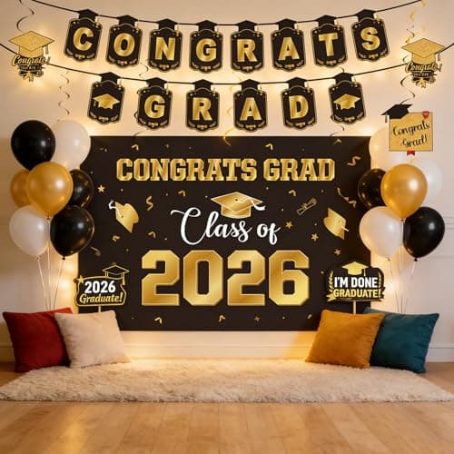 Graduation Decorations 2026 Gold Themed Set Class of 2026 Congrats Grad Banner Balloons Honeycomb & Streamers Kit Graduation Party Decorations for School and College Celebrations - Thumbnail 6