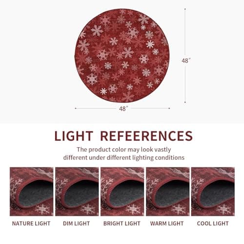 Dotiiorug Christmas Round 4Ft Washable Rugs,Low Pile Non Slip Carpet Non-Shedding Rug Soft Stain Resistant Mat for Living Room Bedroom Snowflake Red - Thumbnail 2