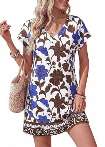 KIRUNDO Summer Dresses for Women 2026 Beach Sundress Spring Casual V Neck Boho Floral Vacation Outfits Cruise Resort Wear(Floral White Blue Brown, Medium) - Image 1