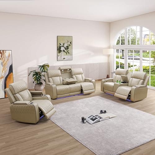 Living Room 3-Piece Power Recliner Sofa Set with USB Ports & Wireless Charging | Breathable Leather Electric Reclining Sofa + Loveseat + Chair | Home Theater Seating with Storage Console & Cup Holders - Thumbnail 2