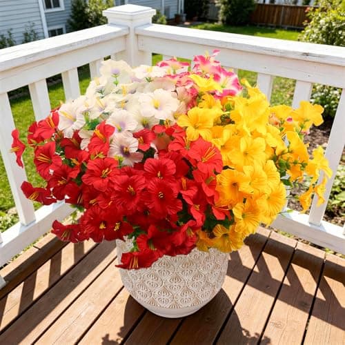 UJROQI Artificial Flowers for Outdoors Fake Plants Outside, 16 Bundles Silk Morning Glory with Eucalyptus, UV Resistant Realistic Faux Flowers for Planters Porch Patio Garden Balcony Decor (4 Color) - Thumbnail 6