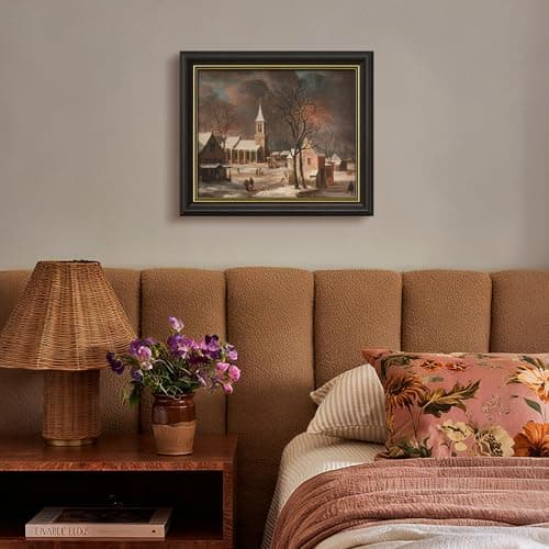 DAJONART Vintage Gold Framed Canvas Winter Wall Art, Snowy Village Scene with Church & Sleigh Printed Oil Painting Wall Decor, Framed Canvas Christmas Decor, Rustic Holiday Gift for Home, 8 x10 - Thumbnail 4