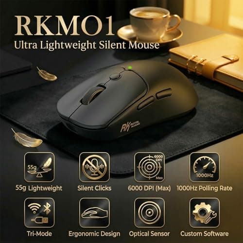 RK ROYAL KLUDGE MO1 Wireless Mouse, 55g Ultra-Lightweight Computer Mice, 6 Programmable Buttons, Quiet Click, 2.4GHz/Bluetooth/Wired, 6000 DPI Optical Sensor, Black - Thumbnail 2
