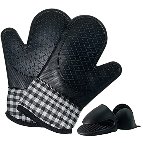 LSLCQW 4pcs Set Oven Gloves and Pot Holder Set, Heat-Resistant 500 Degree, with Oven Gloves and Insulation Clips, Non-Slip Food-Grade Long, for Kitchen Baking