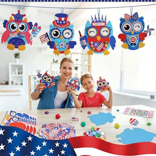 4th of July Patriotic Owl Craft Kits for Kids,36 Sets Owl Foam Shapes Stickers,Make Your Own Crafts Supplies with Red White Blue Flag Star for Classroom Activities,School Patriotic Party Favors - Thumbnail 2