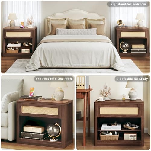 HUAHUU Wide Nightstand Set of 2, 26" Mid Century Modern Wooden Night Stand, Rustic Bedside Table with Rattan Drawer, Large Side End Table with Wireless Charging, Vintage Storage, Walnut - Thumbnail 5