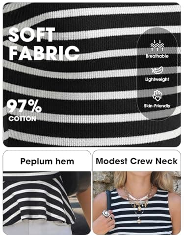 EXLURA Women Summer Tank Tops 97% Cotton Waffle Knit Peplum Top Sleeveless Crewneck Striped Ruffle Hem Business Casual Shirts Black White - Thumbnail 4
