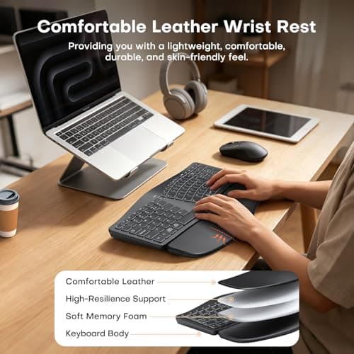 MOKURU Wireless Ergonomic Keyboard, Split Keyboard with Wrist Rest, Full Size 2.4G BT Computer Keyboard, Compatible with Windows, Mac OS, PC Computer/Laptop (Black) - Thumbnail 4