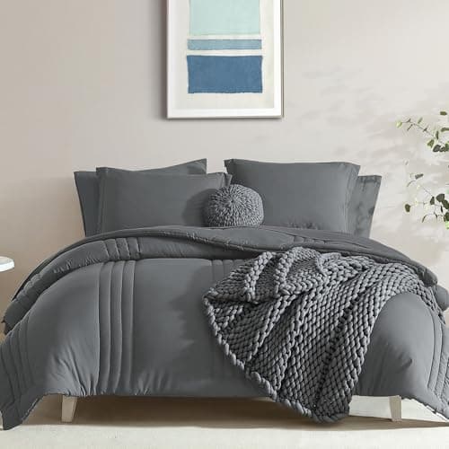 Monbix Super King Size Comforter Set - 7 Pieces Bright Gray Bed in a Bag Super King Bedding Sets with Comforters, All Seasons Comforter Bed Set with Sheets,Pillowcases & Shams - Image 1