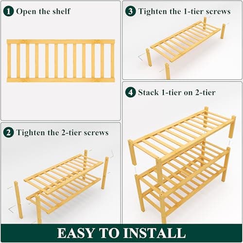 Smiry Shoe Rack, 3 Tier Bamboo Shoe Organizer, Stackable Free Standing Wooden Shoe Storage Shelf for Closet, Entryway, Front Door Entrance, Natural - Thumbnail 6