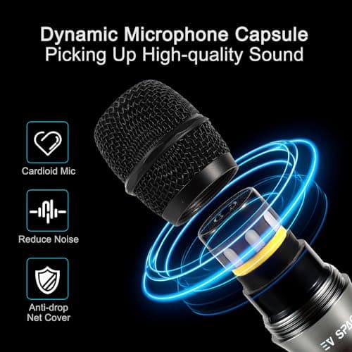 Rechargeable Wireless Microphone System - Dual UHF Metal Handheld Mics for Karaoke, Weddings, Parties, Speeches - Long Range (200ft), Cordless Dynamic Mic Kit, Plug and Play (Single Microphone Set) - Thumbnail 2
