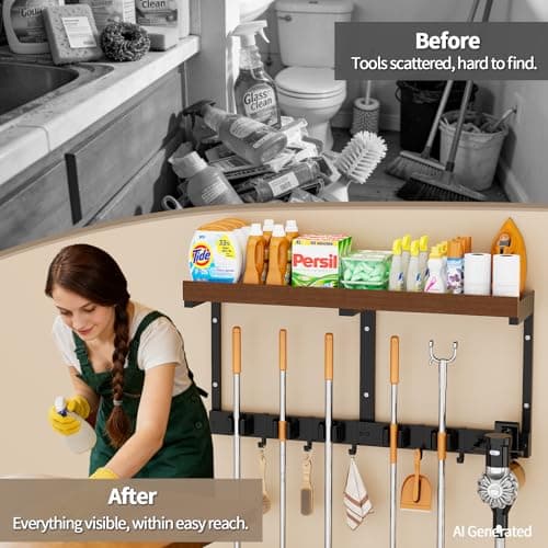 Broom Holder Wall Mount with Cleaning Supplies Organizer, Laundry Room Shelves with Mop Hanger Rack Gripper Hooks and Vacuum Organizer, Broom and Mop Organizer Wall Hanging for Home Garage Kitchen - Thumbnail 6