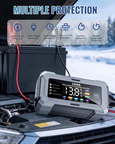 Car Battery Charger Automatic Trickle Charger and Battery Maintainer with Pulse Repair Digital Display Trickle Charger for Car Battery 12V6A Auto Battery Charger for AGM Motorcycle LiFePO4 Batteries - Thumbnail 5