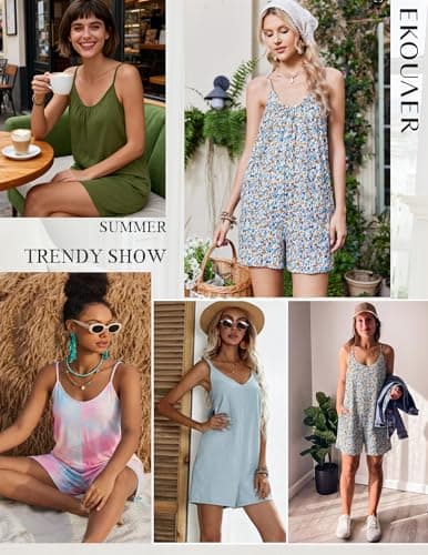 Ekouaer Summer Rompers for Women Boho Beach Vacation Outfits Sleeveless Loose Shorts Overalls 2026 Jumpsuit With Pockets Plant Leaves XL - Thumbnail 5