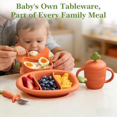 COZY ROCK Silicone Baby Feeding Set, Carrot Design BLW Toddler Feeding Set with Suction Plate & Bowl, Bib, Fork & Spoon, 2-in-1 Straw and Snack Cup, BPA-Free Baby Tableware for Starting Solids - Thumbnail 6