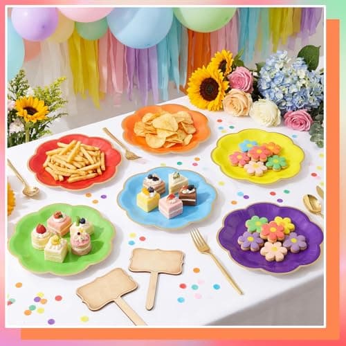 NatNarr 60 Pcs Colorful Paper Plates, 7 In Disposable Dessert Plates with Gold Edge, Scalloped Rainbow Party Plate for Wedding Birthday Baby Shower Bridal Party Supplies - Thumbnail 4