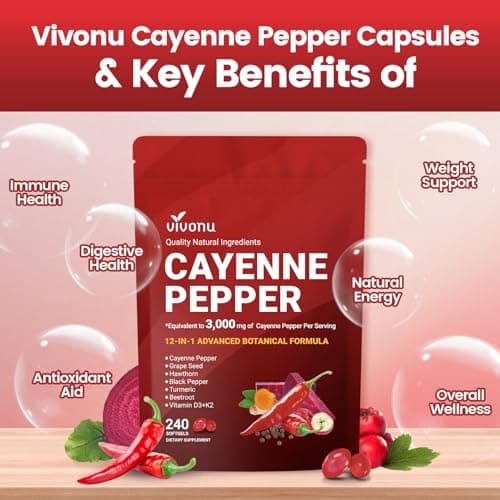 VivoNu Cayenne Pepper Softgels Supplement, Supports Leg Vein, Heart and Blood Vessel Health, with Vitamin E D3+K2 and Extracts of Grape Seed, Hawthorn, Beetroot, Berberine (Softgel / 1 Bag) - Thumbnail 3