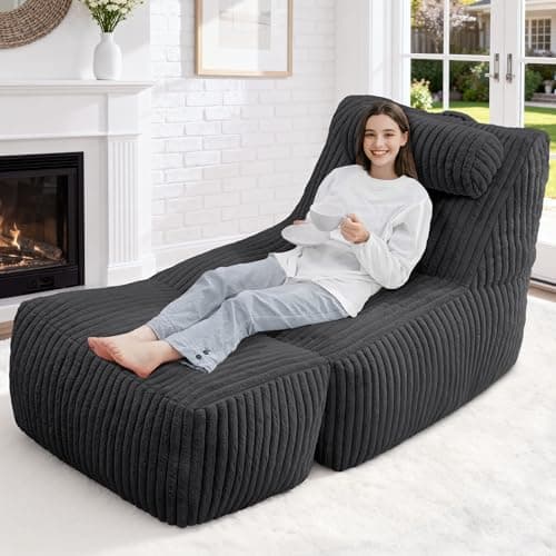 HABUTWAY Giant Bean Bag Chairs for Adults,Big Bean Bag Lounger with Removable Cover,Large BeanBag Chair with Ottoman&Storage Pocket,Memory Foam Filled Bean Bag Sofa for Living Room,Bedroom-Plush Black