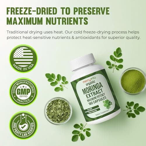 MERRY VITA Organic Moringa Capsules – Moringa Oleifera Leaf Extract – Moringa Supplement – Maximum Potency Green Superfood – Immune & Antioxidant Support – Vegan, Non-GMO – Made in USA – 180 Capsules - Thumbnail 5