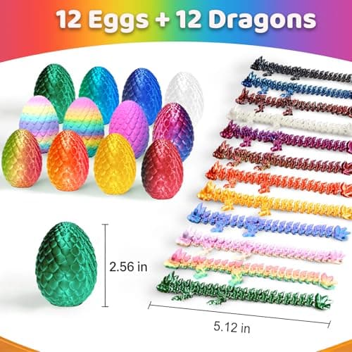 FUN LITTLE TOYS 12 Pack 3D Printed Dragon Eggs with Articulated Dragons, 12 No-Duplicate Colors, Non-Candy Easter Egg Hunt Fillers, Basket Stuffers, Party Favors & Classroom Prizes for Kids - Thumbnail 2