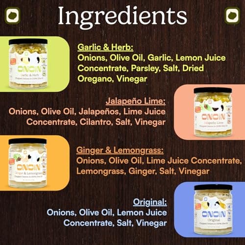ONOIN Chopped Onions in 100% Olive Oil - Seed Oil Free & Ready-to-Use Flavor Base & Topping | Variety Pack 9 oz (Pack of 4) In Glass Jar | Fresh Marinated Onions & All Natural Cooking Base for Sauces, Soups, & Recipes - Thumbnail 2