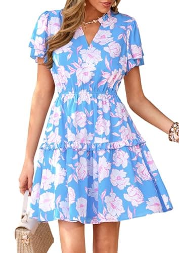 PRETTYGARDEN Womens Summer Floral Mini Dress 2026 Trendy Ruffle Short Sleeve V Neck Flowy A Line Short Beach Dresses (Floral Sky Blue White,Medium) - Image 1
