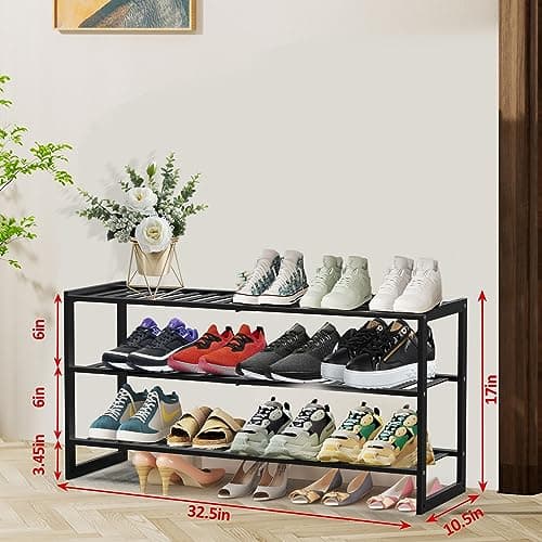 Jripae Bamboo Shoe Rack for Closet, 3 Tier 32.5inch Longer Shoe Organizer Shelf Holder Storage 12-15 Pairs Stackable for Entryway Door Hallway Bedroom Garage Space Saving Foldable Black - Thumbnail 3