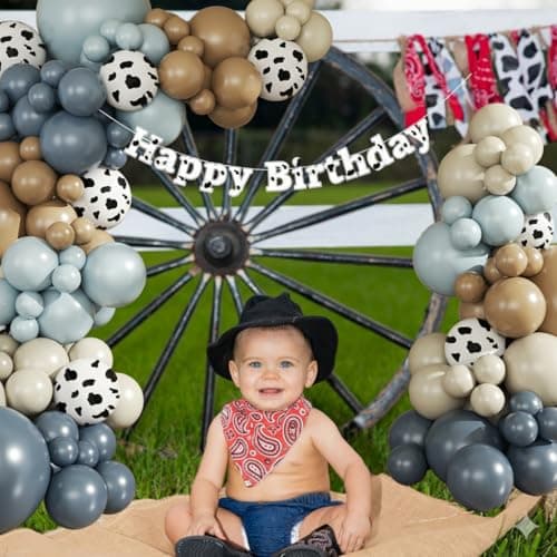 JOYFLOAT Cowboy Dusty Blue Cow Balloon Garland Arch Kit, Light blue Brown Sand White Balloons for Cowboy Rodeo Baby Shower Western Theme Birthday Party Decoration - Thumbnail 3