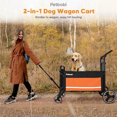 Petbobi Dog Wagon Stroller for Large & Medium Dogs - 2-in-1 Push-Pull Pet Stroller with Ramp, Foldable All Terrain Wagon Cart, One-Step Brake, Suitable for Outdoor Walks & Camping, Orange - Thumbnail 4