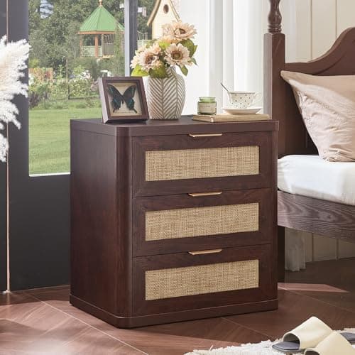 LEYAOYAO Rattan Night Stand Set of 2 with Charger Station, 23" Large 3 Drawer Boho Nightstand, Walnut Bedside Table Storage Cabinet, Bed Side End Tables for Bedroom, Living Room, Hallway - Thumbnail 4