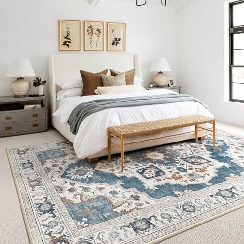 Micgeek 8x10 Washable Area Rug: Vintage Neutral Soft Non Slip Thin Large Floor Carpet for Living Room Bedroom Kitchen Dining Room Home Office Farmhouse Indoor - Blue - Thumbnail 2