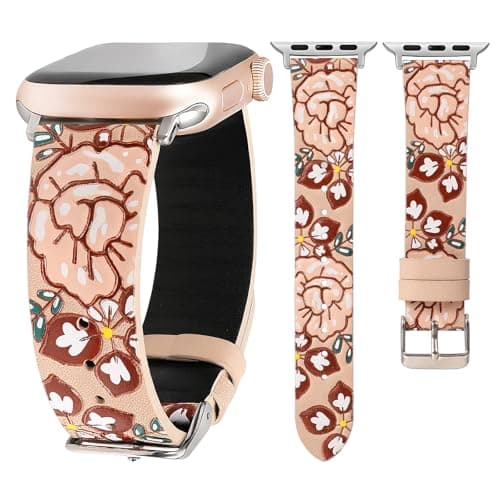 Moolia Floral Leather Band Compatible with Apple Watch Band 49/46/45/44/42mm Women, Cute Romantic Vintage Rose Pattern Strap for iWatch Series 11 10 9 8 7 6 5 4 3 2 1 SE/Ultra(1/2/3), Starlight/Pink