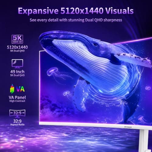 Deco Gear 49" Curved Ultrawide 5K Gaming Monitor, 32:9, 120 Hz, 101% NTSC 100% sRGB, USB-C 65W, Adjustable, Home Office and Entertainment Workstation - Exclusive White Edition - Thumbnail 2