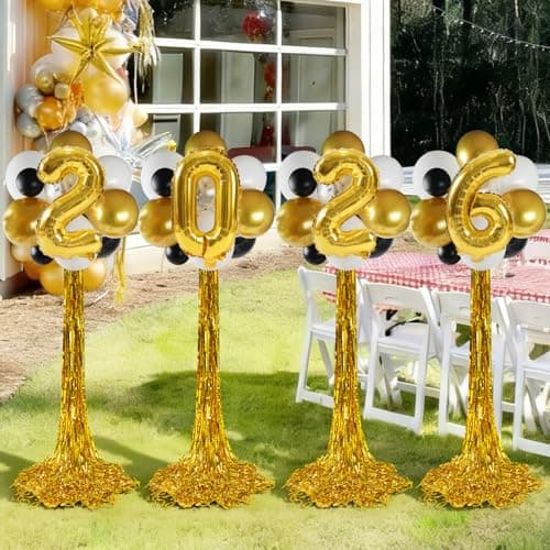 2026 Graduation Decorations - Set Of 4 Standing Balloon Topiaries, Balloon Stand Kit Party Centerpieces Decor With Golden Rain Curtains Class Of 2026 Decorations For Kindergarten High School College - Image 1