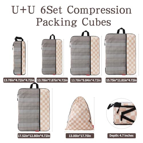 U+U 6 Set Compression Packing Cubes - Ultralight Travel Organizers with Laundry Bag, Space-Saving Suitcase Organizer for Travel, Business Trip and Family Vacation (Khaki Checkered) - Thumbnail 5