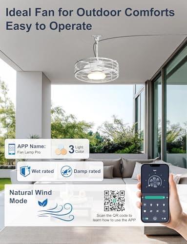 Phylluz Outdoor Ceiling Fan with Lights - 16'' Antique White Distressed Wet Rated Gazebo Fan Remote/APP Control, Caged Hanging Fan Plug and Play for Covered Patio Porch - Thumbnail 3