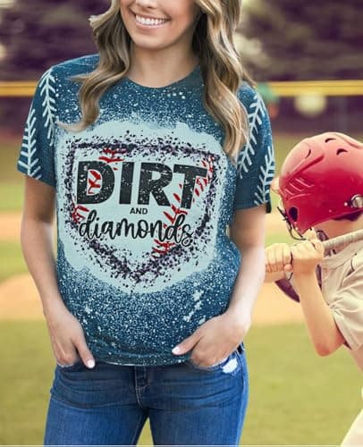 Baseball Shirts Women Softball Game Day T-Shirt Dirt and Diamonds Print Shirt Baseball Graphic Tee Tops Bleach Blue - Thumbnail 2