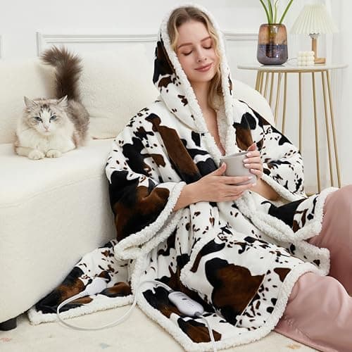 Heated Electric Blanket Shawl Cow Print Wearable Heated Blanket with Hood & Pocket, Winter Gifts for Adults, Soft Heating Blanket Throw with 4 Heat Levels & Auto Shut-Off, Cow Print, 50" x 64" - Thumbnail 2