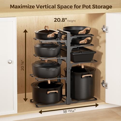 LAMU Pots and Pans Organizer under Cabinet 20.8" Height, 8 Tier Heavy Duty Pan Organizers inside Cabinet with Adjustable Pot Rack, Holds up to 120 LB for Stockpots Dutch Ovens and Cast Iron Cookware - Thumbnail 2
