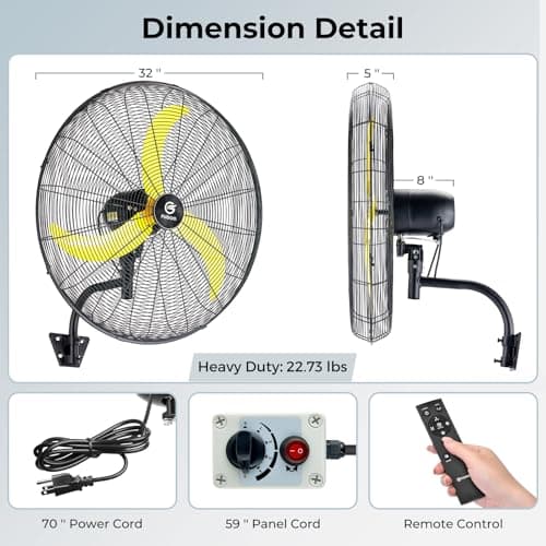 FUGOO 30" Brushless DC Industrial Oscillating Wall Mount Fan, Whisper-Quiet 8800 CFM, 40% to 80% Energy Savings,Remote Control for Factory Garage Warehouse Barn Gym - Thumbnail 6