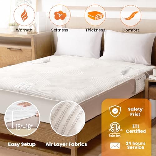 blunique Electric Heated Mattress Pad King Size Dual Control Bed Warmer, Deep Pocket, Side Storage Pouch for Controller, Machine Washable, 3D Air Layer Fabric, 78"x80", Grey - Thumbnail 3