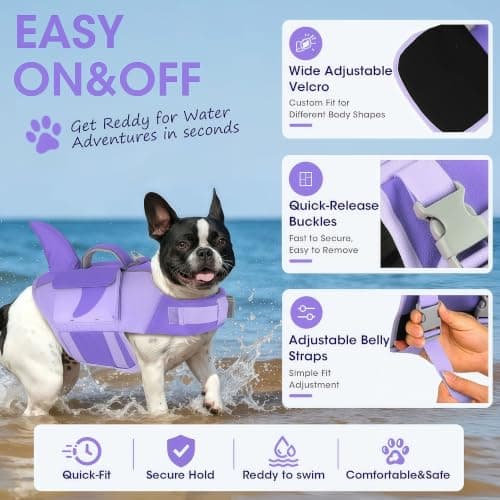 Dogcheer Shark Dog Life Jacket, High Buoyancy Dog Life Vest with Removable Foam Panels, Rescue Handle & Reflective Stripes, Dog Swimming Vest for Swim-Loving, Beginner, Senior & Weak Dogs, Purple S - Thumbnail 5