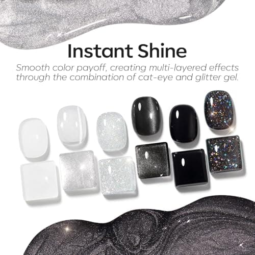 modelones Gel Nail Polish 6 Colors Black White Silver Gray Cat Eye Glitter Shimmer Magnetic Hema& TPO Free Gel Polish Kit Soak Off UV LED DIY Winter Nail Art Manicure Salon Home Gifts for Women Girls - Thumbnail 2