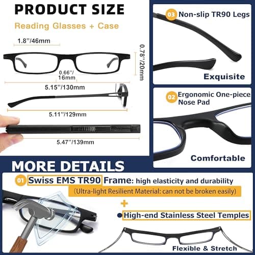 TOVEEN 3 Pack Compact Folding Reading Glasses Anti Blue Light UV, Ultra-thin Slim TR90 Readers with Portable Flat Case for Men Women Clear/Black/Gunmetal +1.5 - Thumbnail 5