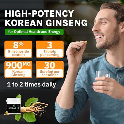 Auragin® Authentic Korean Red Ginseng – Made in Korea – 6 Year Roots – No Additives or Other Ingredients – 100% Red Panax Ginseng in Every Tablet - Thumbnail 3