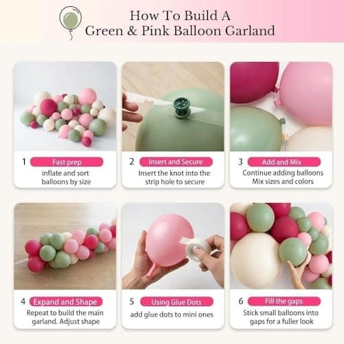Hot Pink and Sage Green Balloon Garland Arch Kit, Double Stuffed Dusty Green Magenta & Ivory Balloon for Baby Shower, Garden Bridal Wedding, Floral Birthday, Boho Tea, Graduation,Tropical Party - Thumbnail 5